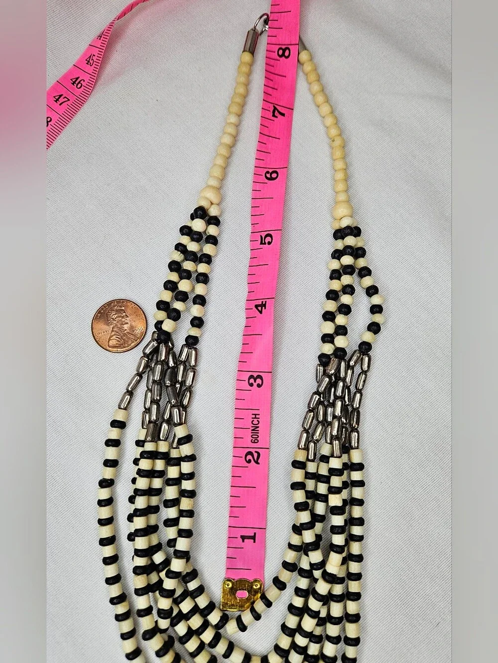 Vintage Multi Strand Black Cream Beaded Statement Necklace Tribal Boho 17-24